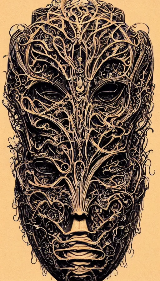 Image similar to ancient biomechanical hybrid majestic praying shaman fantasy cyber human beautiful symmetrical face mask closeup face mask tattoo pattern golden ratio concept, deep forest psytrance Neo-Gothic concept, infinity glyph swirling waves, intricate artwork masterpiece, very coherent artwork, cinematic, full frontal facial features by Artgerm, Takato Yamamoto, Zdizslaw Beksinski, Johnatan Wayshak, Moebius, H.R. Giger, Ayami Kojima, very coherent artwork, trending on cgsociety, ultra high quality model, production quality cinema model, high detail chromatic ink outline, octane render, unreal engine, 8k mandelbulber fractal, hyper realism, high detail, octane render, unreal engine, 8k, High contrast, highly detailed black ink outline