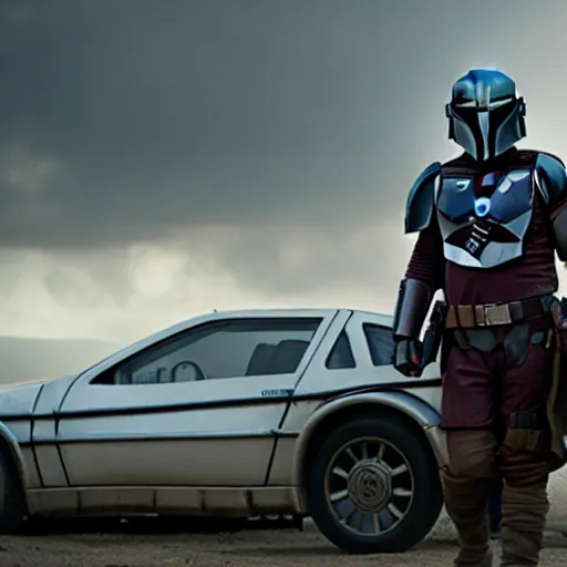 Image similar to stunning awe inspiring the mandalorian standing next to a delorean, movie still 8 k hdr atmospheric lighting