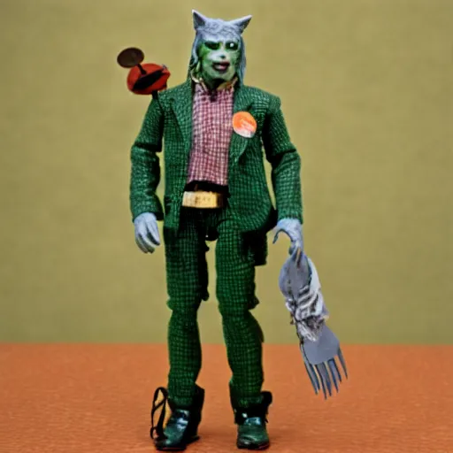 Image similar to plastic wolfman action figure with faded green face dressed in a plaid suit. 1 9 7 9 vintage