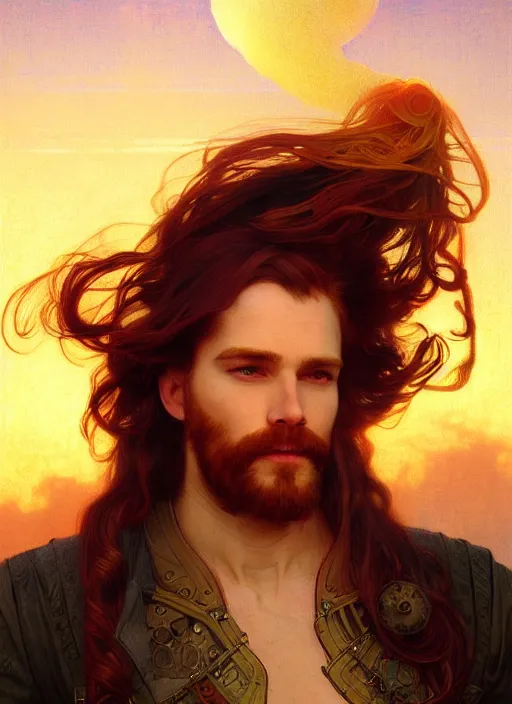 Image similar to portrait painting of a handsome face rugged long hair crimson hair male captain, top half portrait soft hair steampunk ornate mechanical zeppelin airship in the background sky sunset golden hour fantasy soft hair deviantart book cover art atmospheric volumetric lighting art by mucha greg rutkowski gaston bussiere