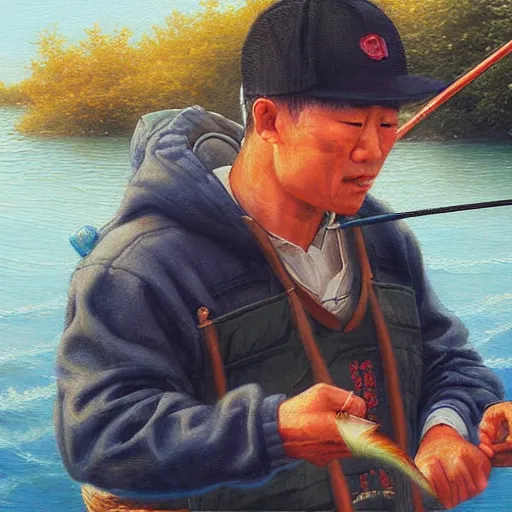 Image similar to portrait of minoru suzuki fishing, an oil painting by ross tran and thomas kincade