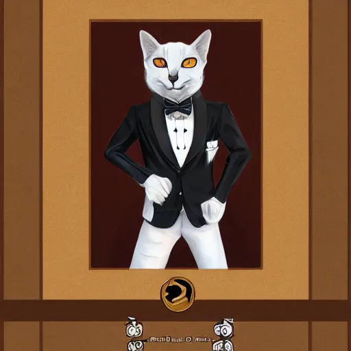 Image similar to d & d style full body portrait, tabaxi male in tux.