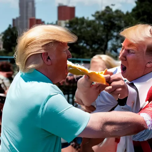 Image similar to donald trump hitting people with pudding, pudding stained clothes, golden hour, boardwalk