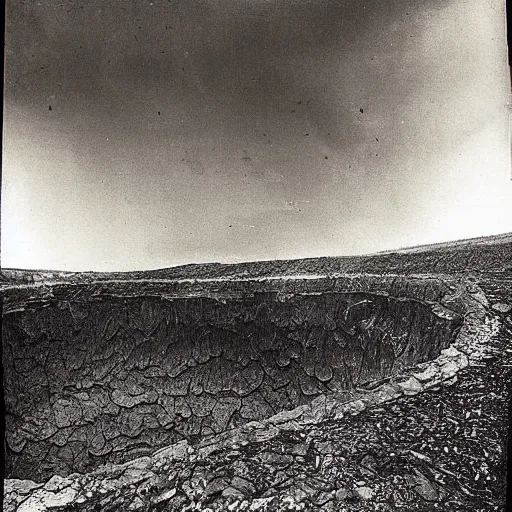 Prompt: An old, creepy, but very detailed photograph found of an immense lava pool that is immense at all directions but the path you came in.