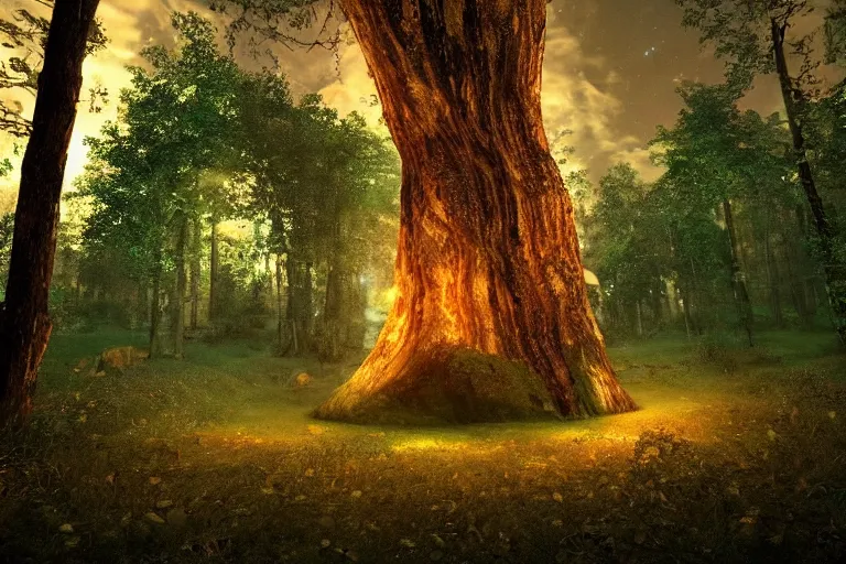 Image similar to A cosmic portal in an enchanted forest. Cinematic lighting. Photorealism.