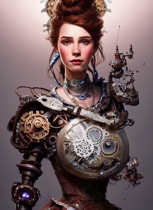 Prompt: portrait of cinderella, robot steampunk, floral! horizon zero dawn machine, intricate, elegant, highly detailed, ray tracing, digital painting, artstation, concept art, smooth, sharp focus, illustration, art by artgerm and greg rutkowski and alphonse mucha, 8 k