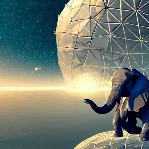 Image similar to a hyperrealistic 3D octane render of an elephant wearing virtual reality goggles playing a synthesizer inside of a geodesic dome planetarium with planets and galaxies, trending on artstation, 8k, 4K, dramatic lighting, glowing, volumetric lighting, ray tracing, unreal engine