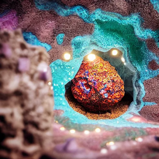 Image similar to photorealistic dinosaur skeleton inside a geode of colored crystals