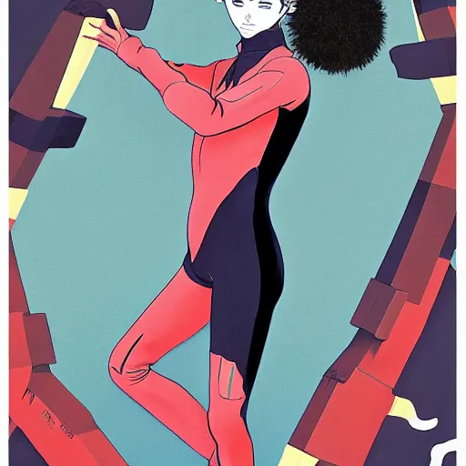 Image similar to thin androgynous girl with boy's body in catsuit. illustration by james jean and satoshi kon and erik jones, inspired by evangelion, smooth feature, intricate oil painting, high detail illustration, sharp high detail