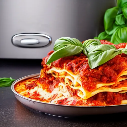 Image similar to studio photo of a platypus cooking a lasagna with three basil leaves over the lasagna