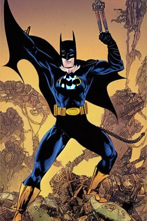 Image similar to a stunning and hypnotic full-color ancient art nouveau styled action shot of batman as a violent cyborg king with stony and condemning eyes, extremely detailed and brusque swarthy facial structure, dieselpunk armor, perfectly symmetrical facial structure and linework, proud and honorable facial characteristics, by bill sienkiewicz, travis charest and michael golden, dark sci-fi, deep complexity, precisely accurate male muscle anatomy, muscular male hero, superhero character concept art, photorealism, stunning framing, dim volumetric lighting, hyperrealism, 8k