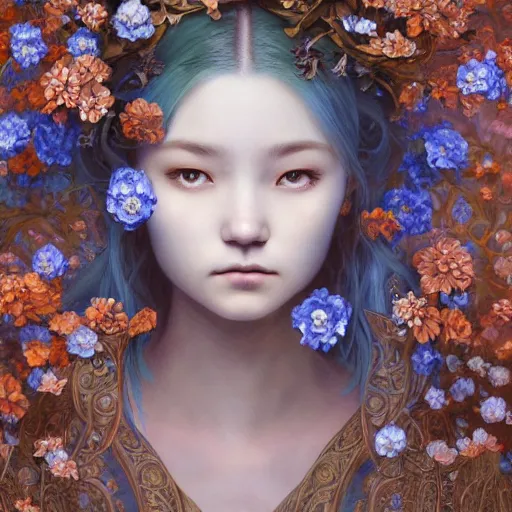 Image similar to breathtaking detailed concept art painting of the goddess of nemophila flowers, orthodox saint, with anxious, piercing eyes, ornate background, amalgamation of leaves and flowers, by Hsiao-Ron Cheng, James jean, Miho Hirano, Hayao Miyazaki, extremely moody lighting, 8K