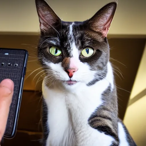 Prompt: a photo of a cat taking a selfie