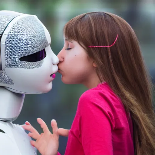 Prompt: photo of humanoid robot kissing a beautiful girl colour