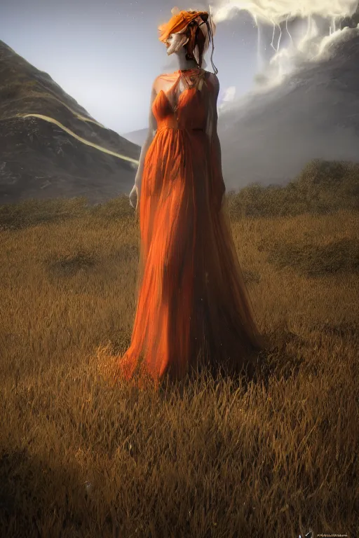 Prompt: a girl in a magnificent dress stands near a volcano, photorealistic, high resolution, trending on artstation, highly detailed, volumetric lighting