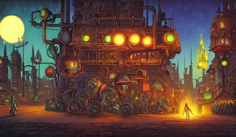 Prompt: fantasycore. magic the gathering art. street view of 1950s machinarium cityscape at night by michael whelan and naomi okubo and dan mumford. cute gigantic 1950s robots. cel-shaded. glossy painting.