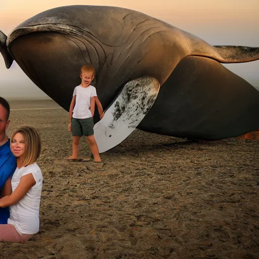 Prompt: family photograph in front of a decaying beached whale, dawn light, high resolution, dramatic