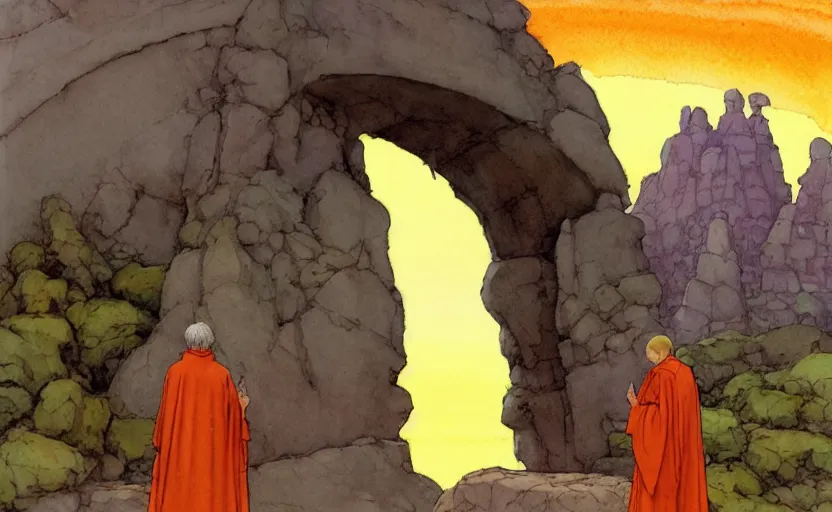 Prompt: a hyperrealist watercolour concept art of a desert day. through a large rock arch is a time portal to an orange sunset sky. a medieval monk in grey robes is in the foreground. by rebecca guay, michael kaluta, charles vess and jean moebius giraud. high detail, hq, wide shot