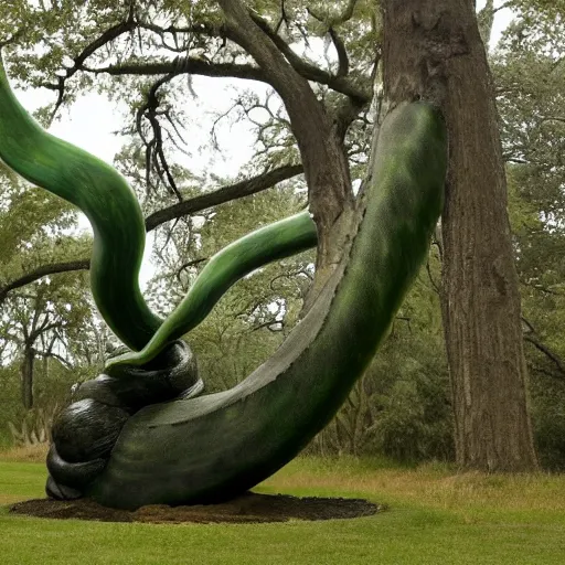 Prompt: A beautiful sculpture of a large, looming creature with a long, snake-like body. The creature has many large, sharp teeth, and its eyes glow a eerie green. It is wrapped around a large tree, which is bent and broken under the creature's weight. There is a small figure in the foreground, clutching a sword, which is dwarfed by the size of the creature. 2010s, intarsia inlay by Hayao Miyazaki, by Amy Sillman funereal