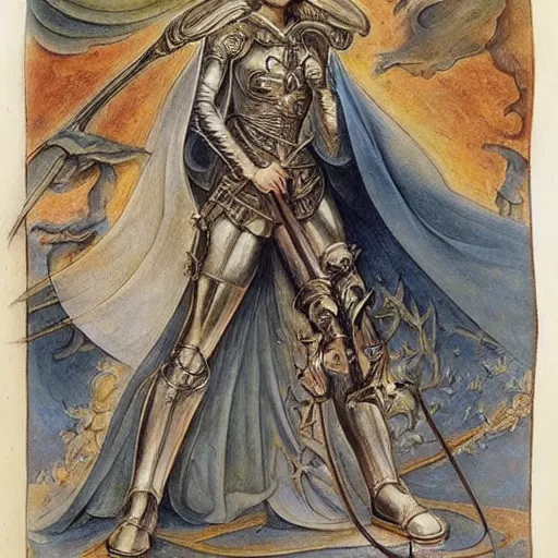 Image similar to most beautiful jeanne d'arc in the style of william blake, terese nielsen, detailed, intricate, beautiful faces, porta magna, called by the grave, steve argyle, loss of sanity, ecclesial wolf's den pastoral fantastic reality