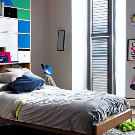 Prompt: award-winning colorful modern boy's room catalog photo. single bed. A single window illuminates the bed and the desk.