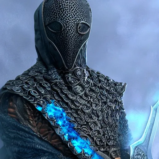 Image similar to detailed hypperrealistic artstation render, full body front view of a scaly black cloaked man, wearing a metallic blue squid mask. he holds in his hand a large knights blue greatsword, in addition tentacles emerge from his back like wings