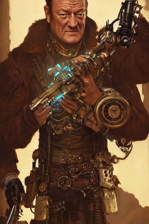 Image similar to john wayne as a steampunk cyborg gunslinger, portrait, western, duster, fantasy, intricate, elegant, highly detailed, digital painting, artstation, concept art, sharp focus, illustration, art by artgerm and greg rutkowski and alphonse mucha