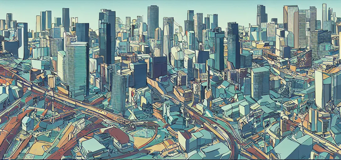 Prompt: concept illustration art for los angeles skyline by lou romano and dice tsutsumi