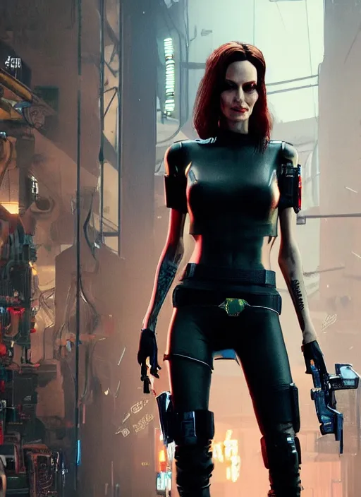 Image similar to film still of Angelina Jolie as Alt Cunningham in Cyberpunk 2077, gameplay, 8k, HD