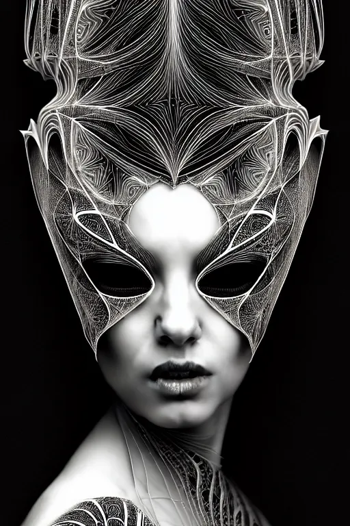 Prompt: portrait of a young beautiful woman with a mask. contemporary photograph and speed painting and fractal and mandelbulb and lines and scribble art. black and white, black on black. intricate, elegant, super highly detailed, professional digital painting, concept art, smooth, sharp focus, no blur, no dof, extreme illustration, Unreal Engine 5, Photorealism, HD quality, 8k resolution, 3D, beautiful, cinematic, art