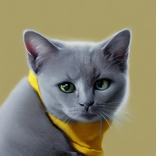 Image similar to head and shoulders masterpiece portrait of a cute adorable gray cat wearing a yellow spacesuit, surreal background, digital art by krenz cushart, trending on artstation, cgsociety,