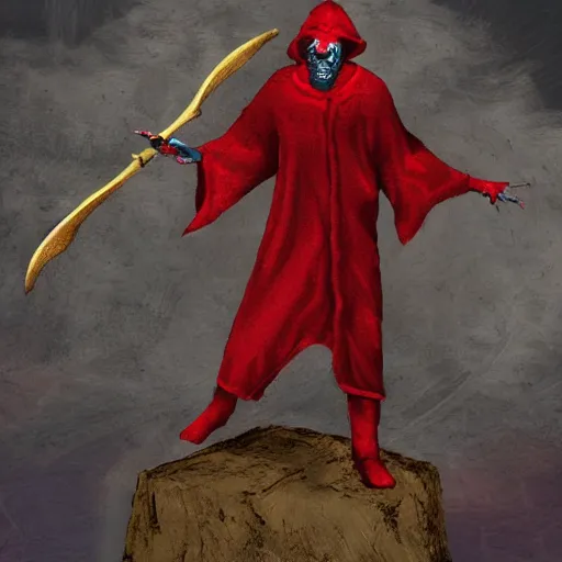 Prompt: an image of a 7 foot tall zombie lord in red robes holding a scythe