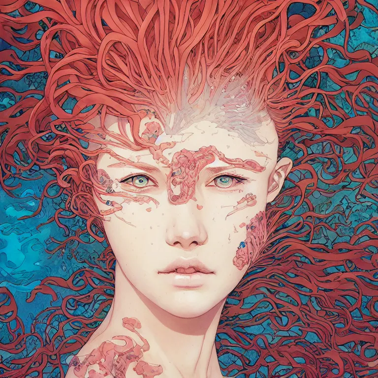 Image similar to woman with coral reef hair portrait soft light painted by james jean and katsuhiro otomo and erik jones, inspired by akira anime, smooth face feature, intricate oil painting, high detail illustration, sharp high detail