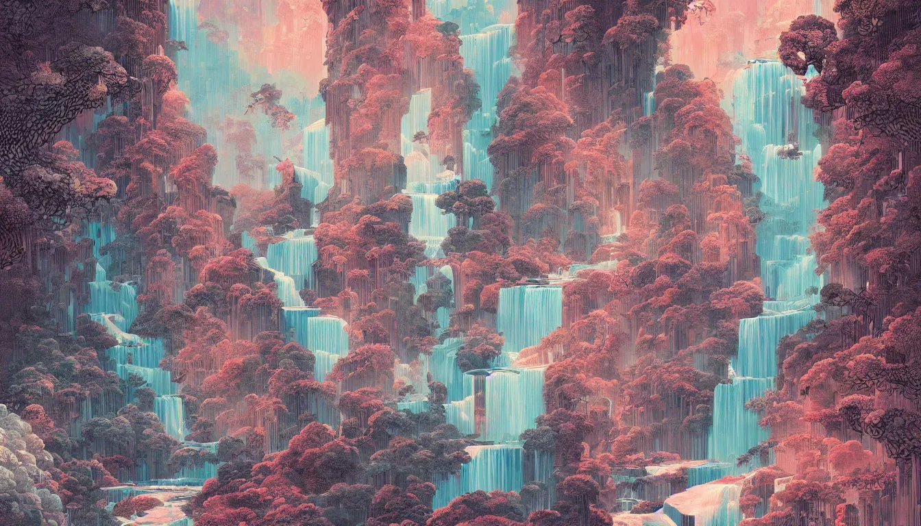 Image similar to huge waterfall, chinese ink brush, yukio - e, kilian eng, victo ngai, josan gonzalez