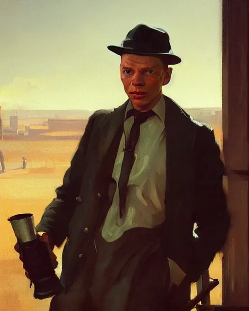 Image similar to young frank sinatra as a poor dystopian dieselpunk soviet bartender. art by greg rutkowski, gustave courbet, rosa bonheur, edward hopper. faithfully depicted facial expression, perfect anatomy, sharp focus, global illumination, radiant light, detailed and intricate environment, trending on artstation