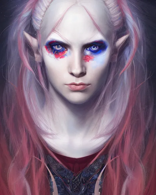 Image similar to A detailed matte oil on canvas head on symmetrical portrait of a distinguished elven woman with split red and blue hair on an empty background, by Charlie bowater, Wlop, trending on artstationhd, dungeons and dragons art, parted hair , half blue, half red , split dye, critical role