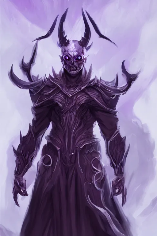 Prompt: man male demon, full body purple cloak, character concept art, costume design, illustration, black eyes, white horns, trending on artstation, Artgerm , WLOP
