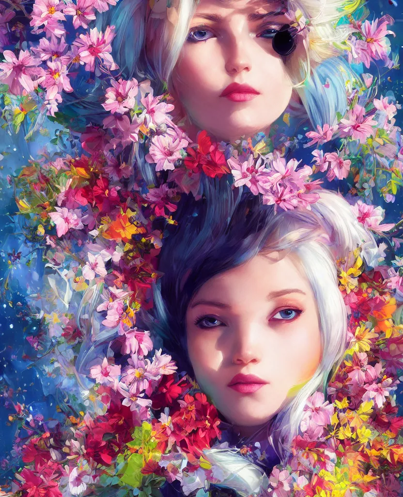 Image similar to half - electricity woman, white and multicolored hair, surrounded by flowers, cosmic background, with cute - fine - face, pretty face, realistic shaded perfect face, fine details by realistic shaded lighting poster by ilya kuvshinov katsuhiro otomo, magali villeneuve, artgerm, jeremy lipkin and michael garmash and rob rey