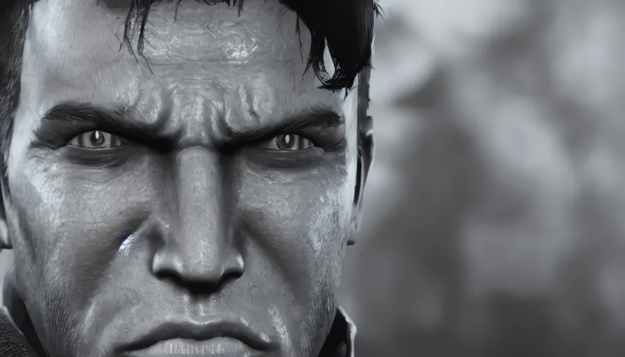 Image similar to closeup fallout 4 character screenshot of alex jones, enb, ambient occlusion, subsurface scattering, solo, 4 k, bokeh, beautiful, detailed