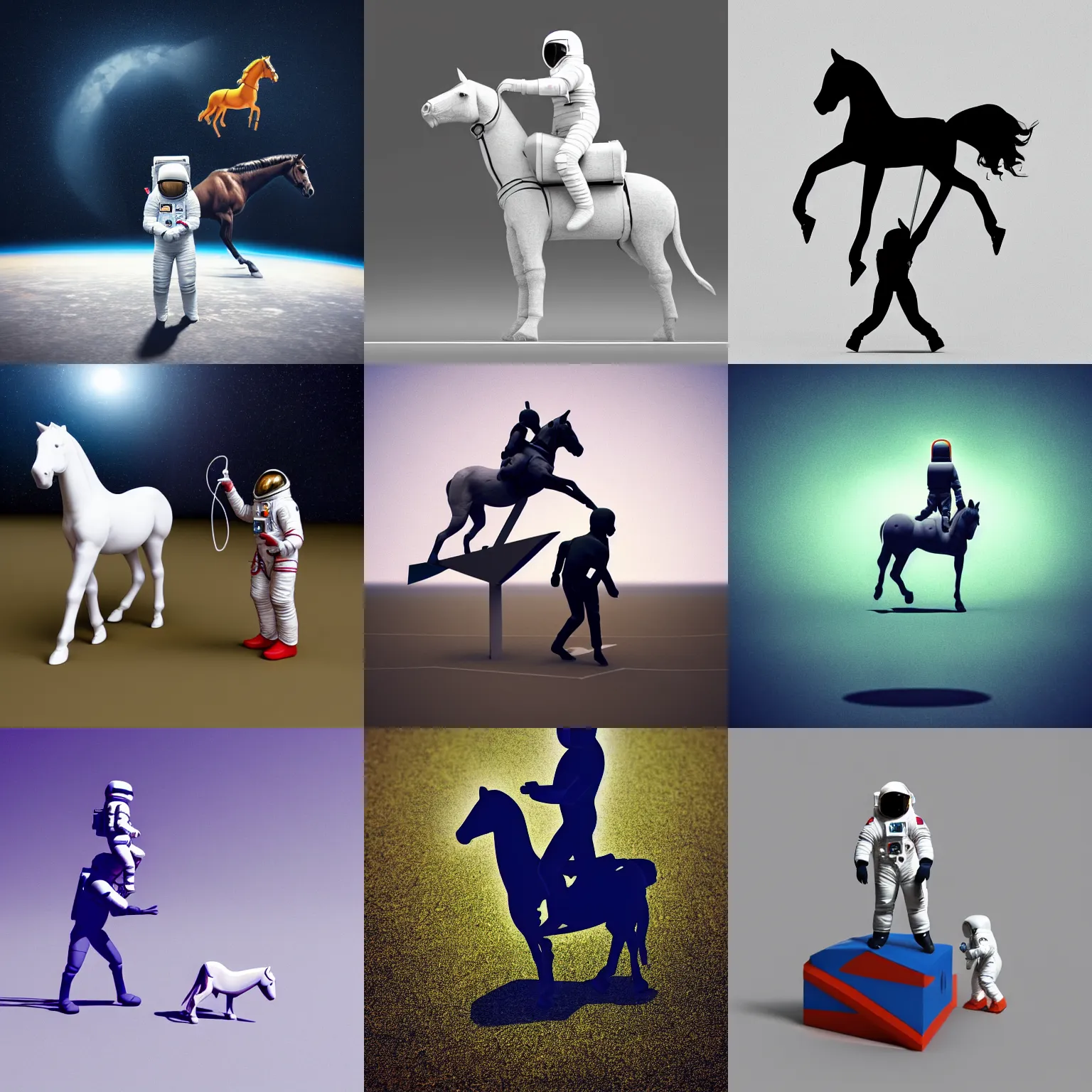 Prompt: an astronaut standing on the ground and a small trippy aggressive centaur standing on that poor little human standing on all fours astronaut, really trying to ride it, the horse is on his shoulders and grabbing them, minimalist style, 3 d render, isometry