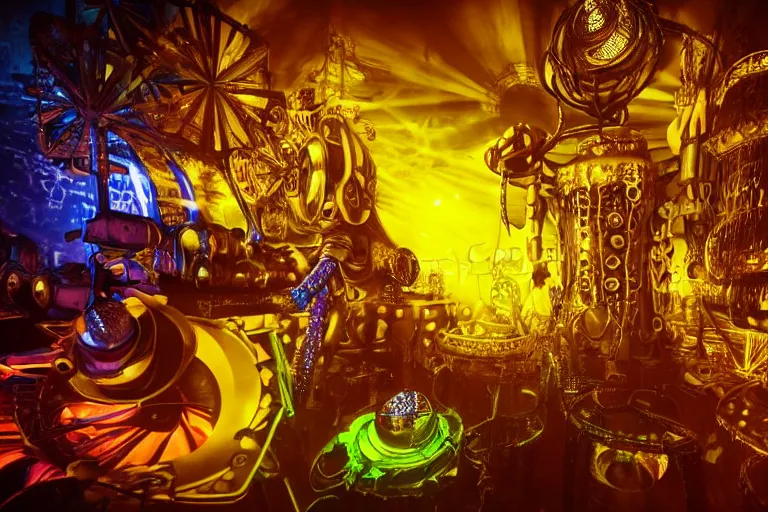 Prompt: scene is la troya party in amnesia in ibiza, portrait photo of a giant huge golden and blue metal steampunk robot, with gears and tubes, eyes are glowing red lightbulbs, shiny crisp finish, 3 d render, 8 k, insaneley detailed, fluorescent colors, haluzinogetic, background is multicolored lasershow