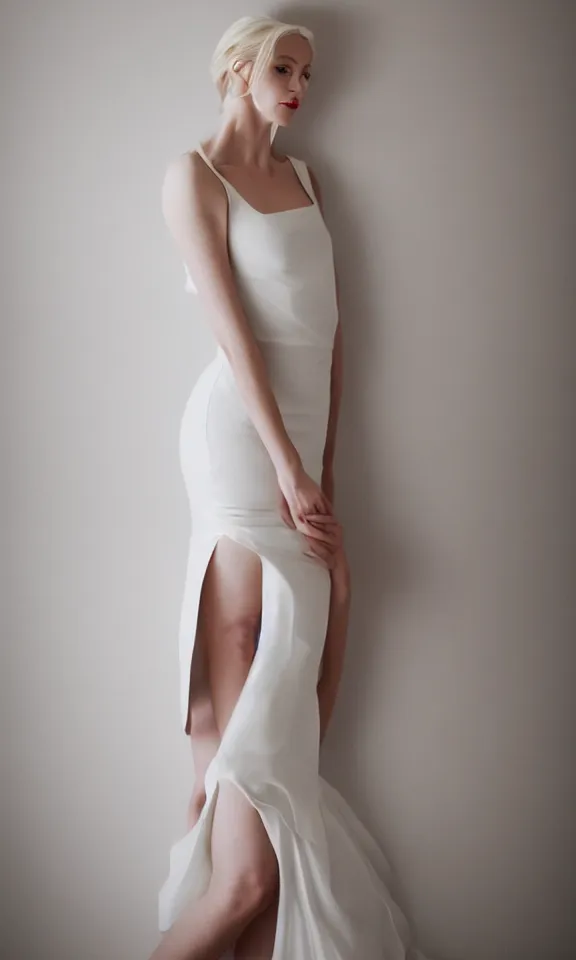 Image similar to photo of gorgeous seductive tall emily skinner cosplaying annie leonhart wearing elegant white dress, wearing open toe heels, in a white room, beautiful face, pale skin, rule of thirds, cinematic lighting, sharp focus, backlit, stunning, smooth, hard focus, full body shot, studio photo, shot on sony a 7 iii
