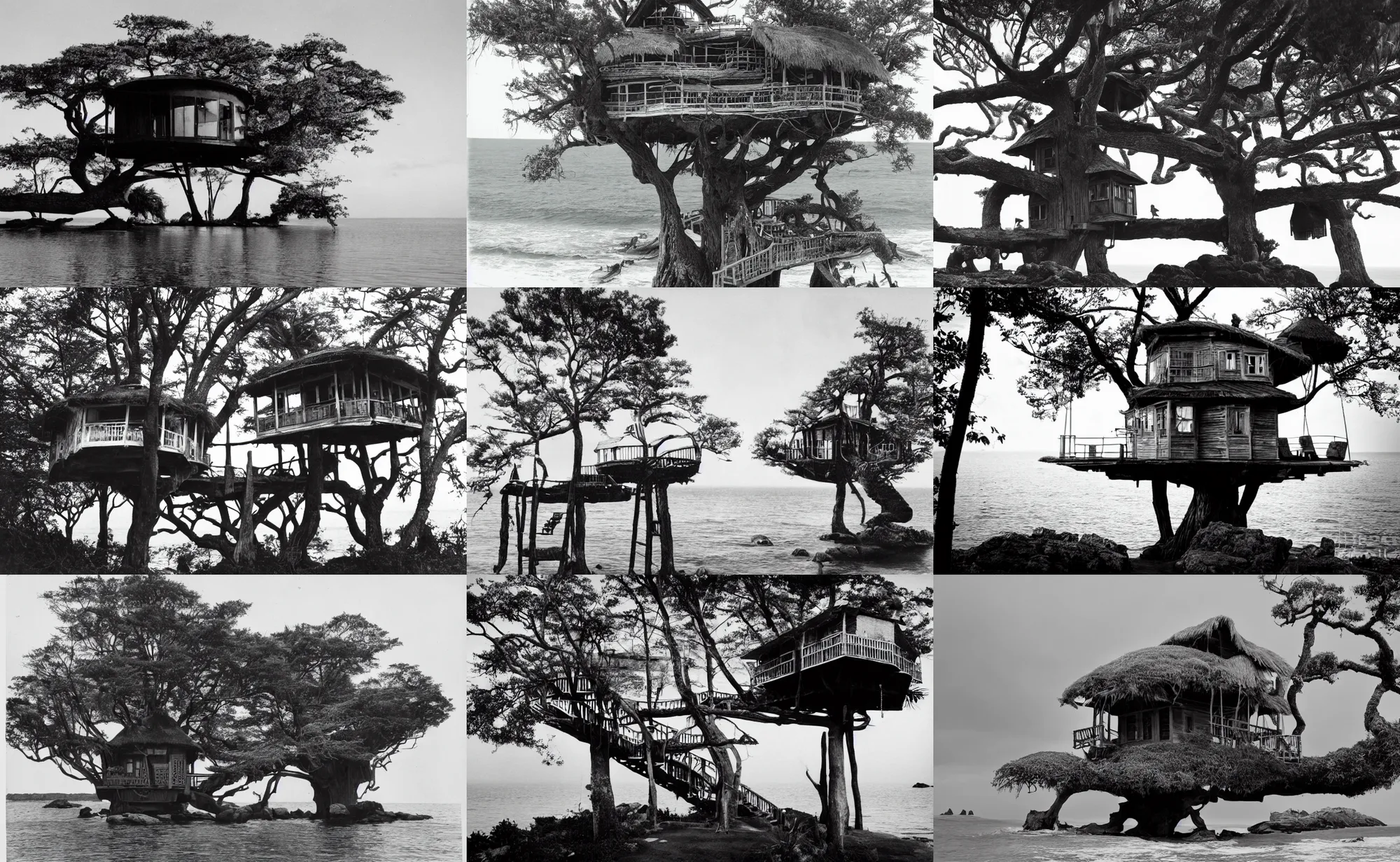 Prompt: old black and white photograph of a mystical island treehouse on the ocean