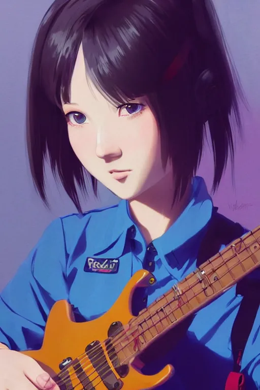 Prompt: a cute girl wearing school uniform playing electric guitar | | really good looking face!!, realistic shaded perfect face, good shape guitar, fine details, anime, realistic shaded lighting poster by ilya kuvshinov katsuhiro otomo ghost - in - the - shell, magali villeneuve, artgerm, jeremy lipkin and michael garmash and rob reyt