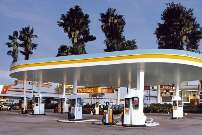 Image similar to a beautiful luxurious gas station, retro and 1 9 8 0 s style, beautiful architecture