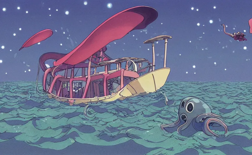 Image similar to a realistic cell - shaded studio ghibli concept art from paprika ( 2 0 0 6 ) of a flying multi - colored octopus from close encounters of the third kind ( 1 9 7 7 ) and small boat in a flooded stonehenge on a misty starry night. very dull colors, wide shot, hd, 4 k, hq