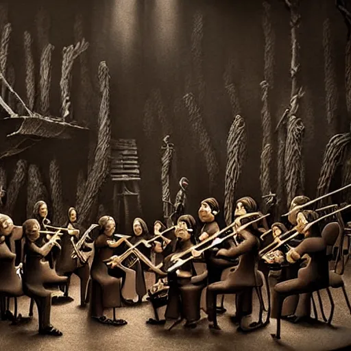 Image similar to the last orchestra, extremely detailed claymation art, dark, moody, foggy