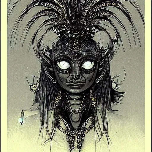 Image similar to a cosmic, lovcraftian female sphinx with spikes on its head and feathers and jewellery drawing by tsutomu nihei