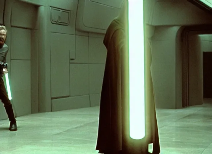 Image similar to Still of Clint Eastwood as Obiwan kenobi with his light saber in the death star corridors in Star Wars (1977)