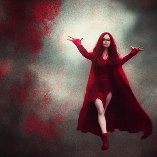 Prompt: Wanda Maximoff chaos magic, scarlet witch, levitating, digital painting, cinematic, moody, soft light